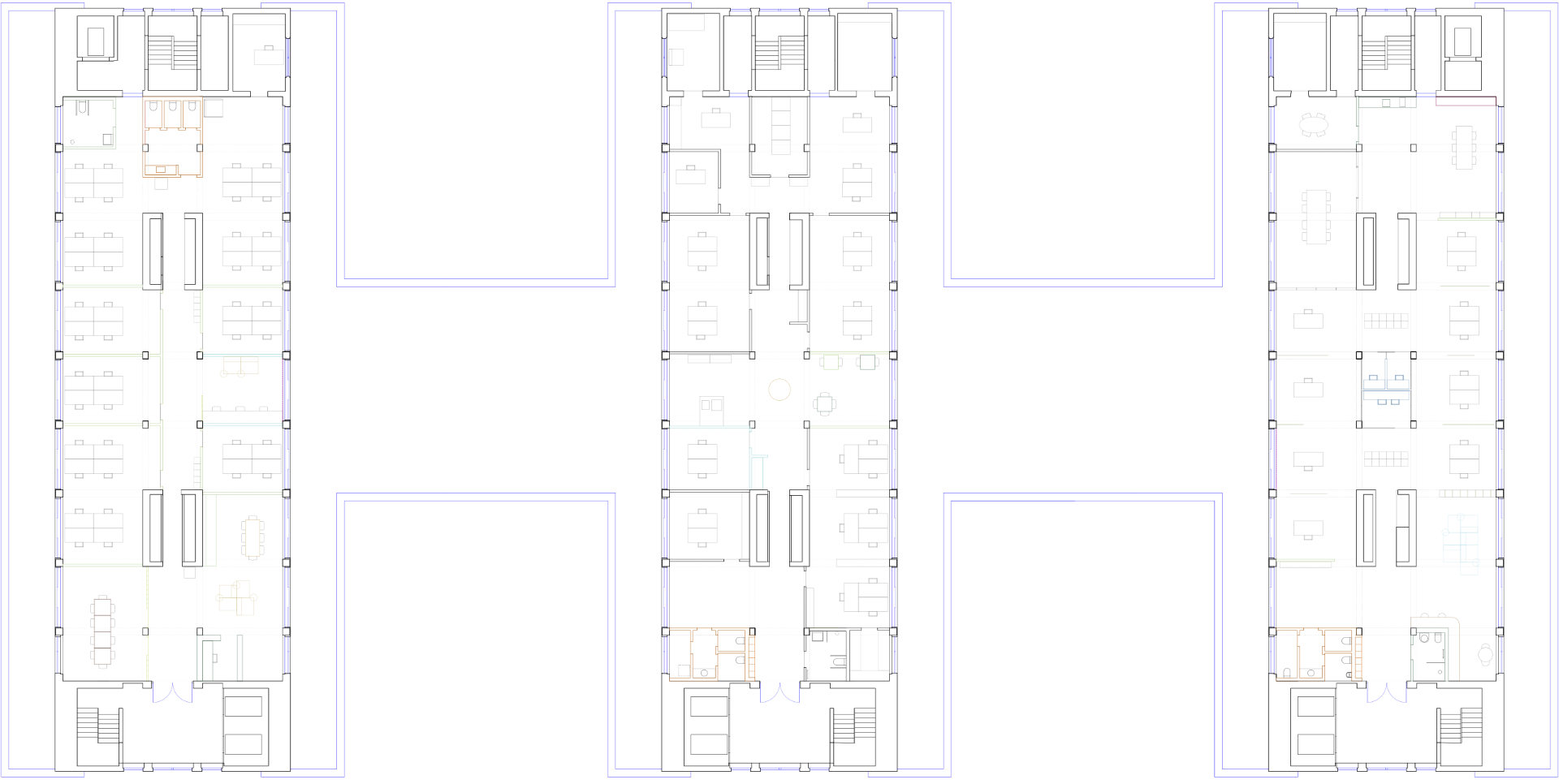 Grundrisszeichnung von drei umgebauten Büroflächen